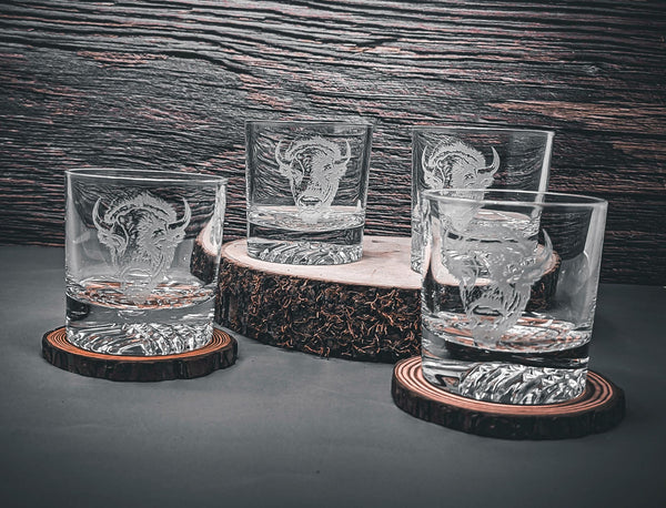 Etched Bison Whiskey Glasses, Cabin Barware Set (Set of 4)