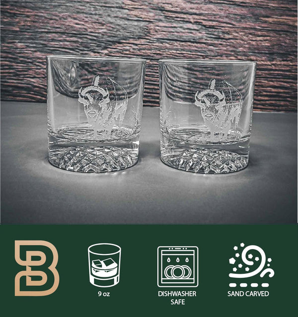Etched Bison Whiskey Glasses, Cabin Drinkware Set of 2