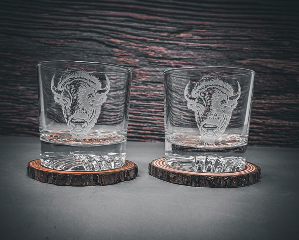 Etched Bison Whiskey Glasses, Cabin Barware Set (Set of 4)