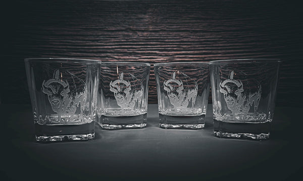 Etched Bison Whiskey Glasses, Cabin Barware Set of 4