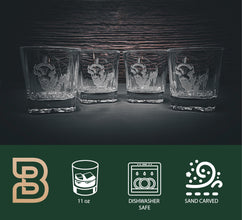 Carved Bison Decanter Set | Include 4 Whiskey Glasses | 750mL Square Glass Decanter | 11 oz Rocks Glasses | Gift Box