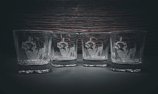 Carved Bison Decanter Set | Include 4 Whiskey Glasses | 750mL Square Glass Decanter | 11 oz Rocks Glasses | Gift Box