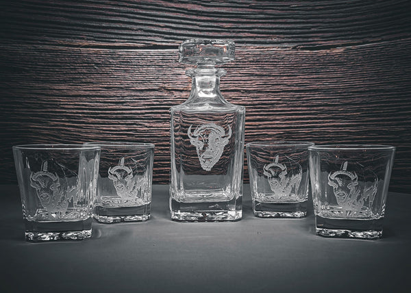 Carved Bison Decanter Set | Include 4 Whiskey Glasses | 750mL Square Glass Decanter | 11 oz Rocks Glasses | Gift Box