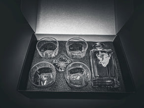 Carved Bison Decanter Set | Include 4 Whiskey Glasses | 750mL Square Glass Decanter | 11 oz Rocks Glasses | Gift Box