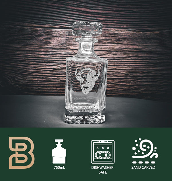Sand Carved Bison Decanter | 750mL Square Glass Decanter | Gift Box | Rustic Decor | Whiskey Glass Decanter